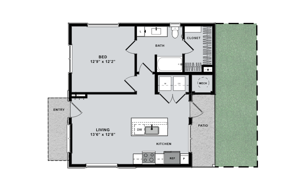 one-bedroom floorplan with private yard