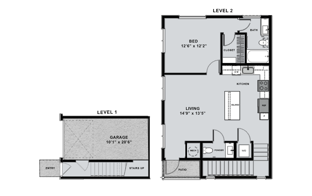 one-bedroom floorplan with private garage