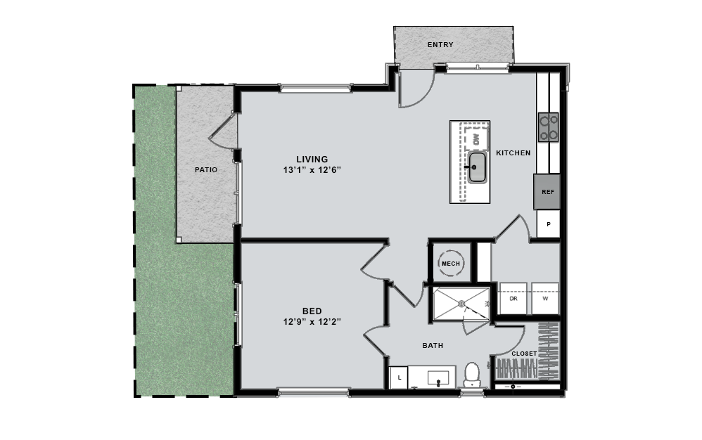 A3 one-bedroom floorplan with private yard