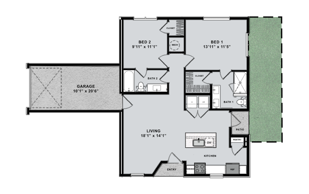 two-bedroom unit with private yard & garage