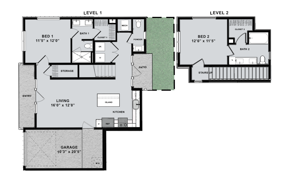 two-bedroom unit with private yard & garage