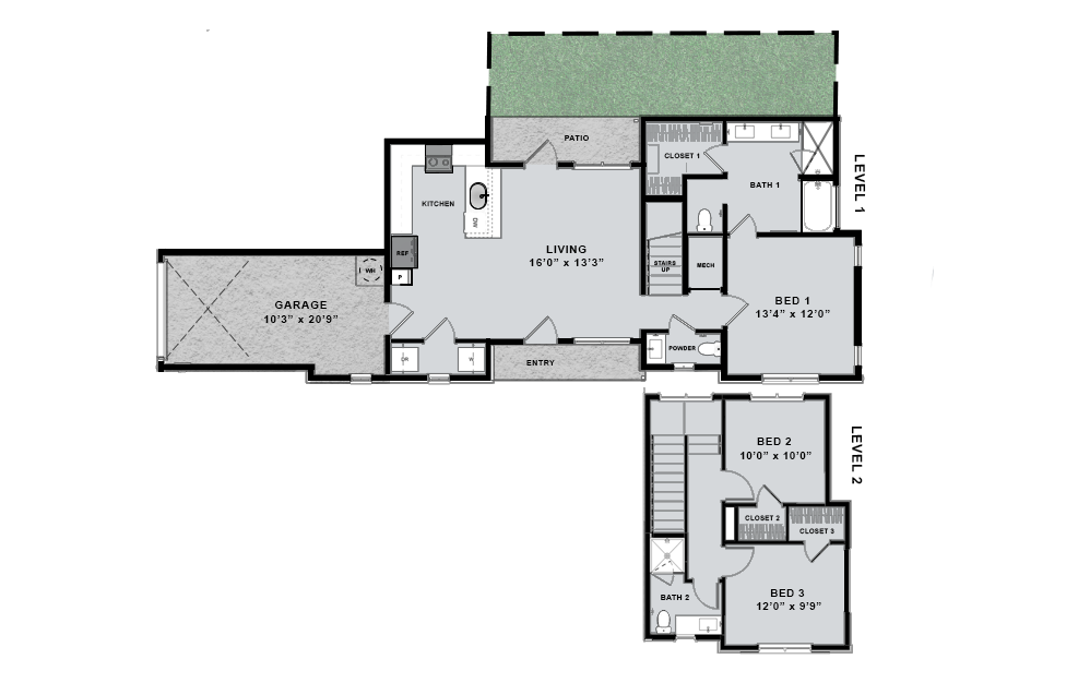 three-bedroom floorplan with private yard & garage