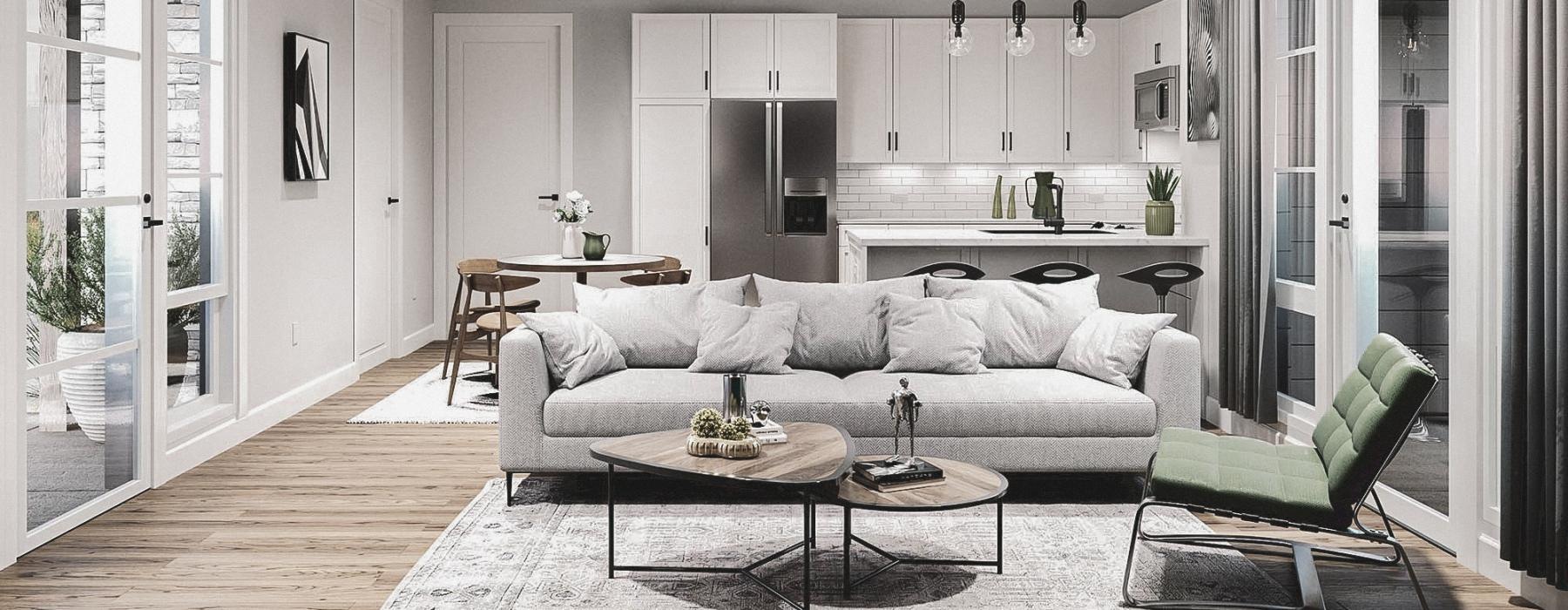 a living room with a couch and a table