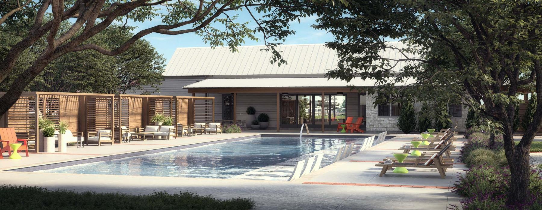 a building with a pool in front